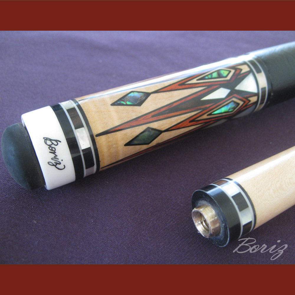 Boriz Billiards Smooth Black Leather Grip Pool Cue Stick Original Inlay Artwork #BCC042