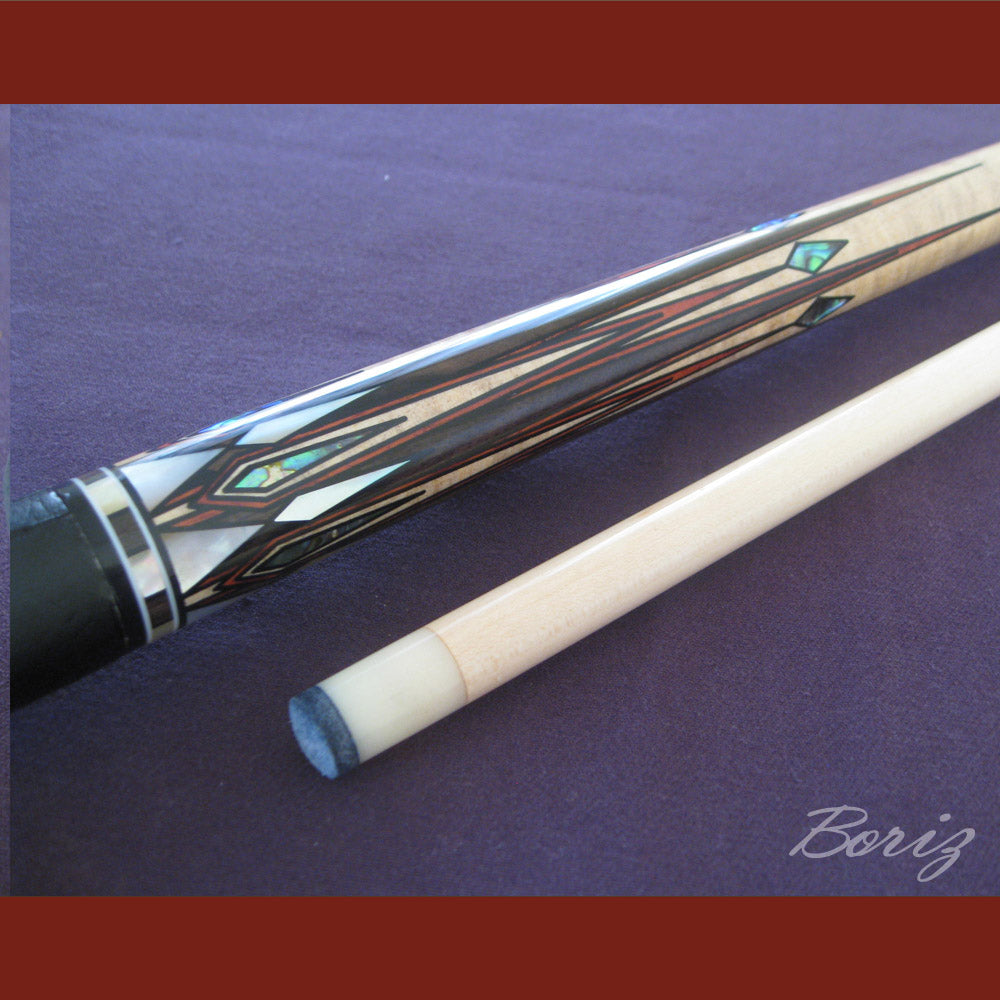 Boriz Billiards Smooth Black Leather Grip Pool Cue Stick Original Inlay Artwork #BCC042
