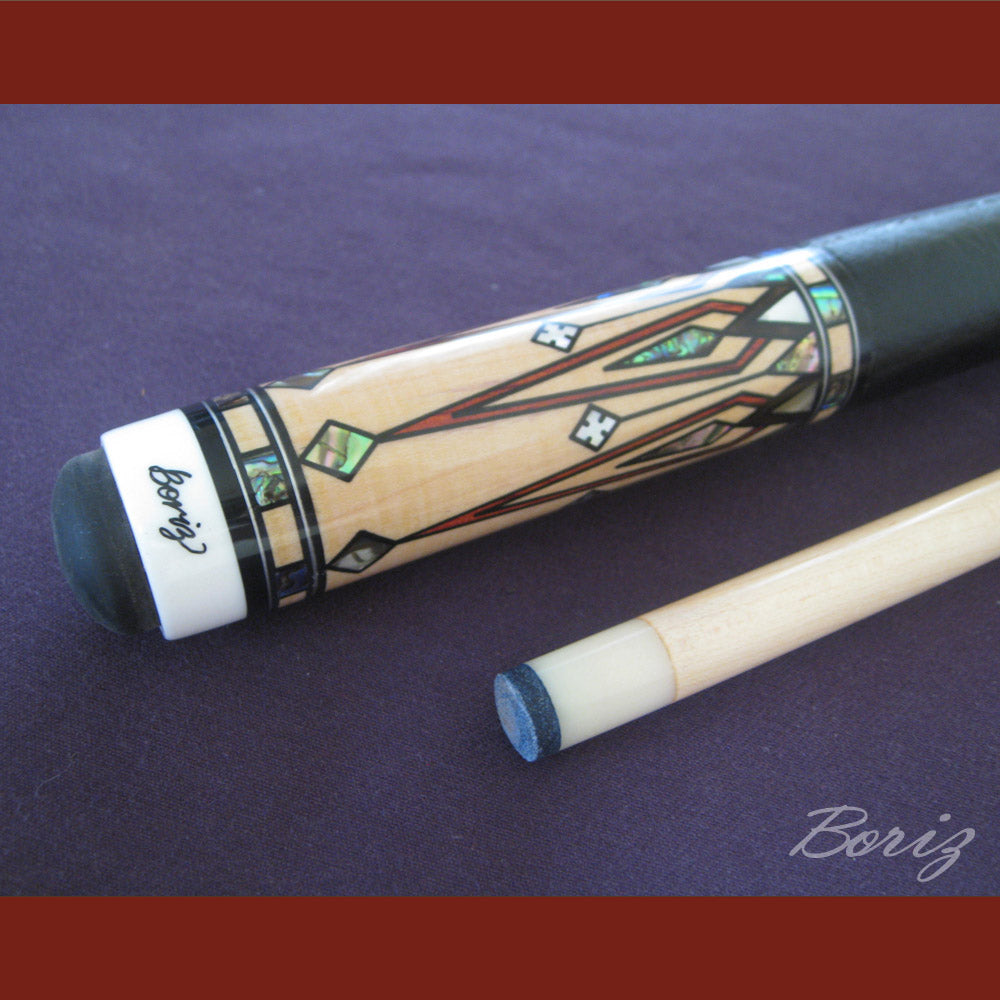 Boriz Billiards Smooth Black Leather Grip Pool Cue Stick Original Inlay Artwork #BCC045