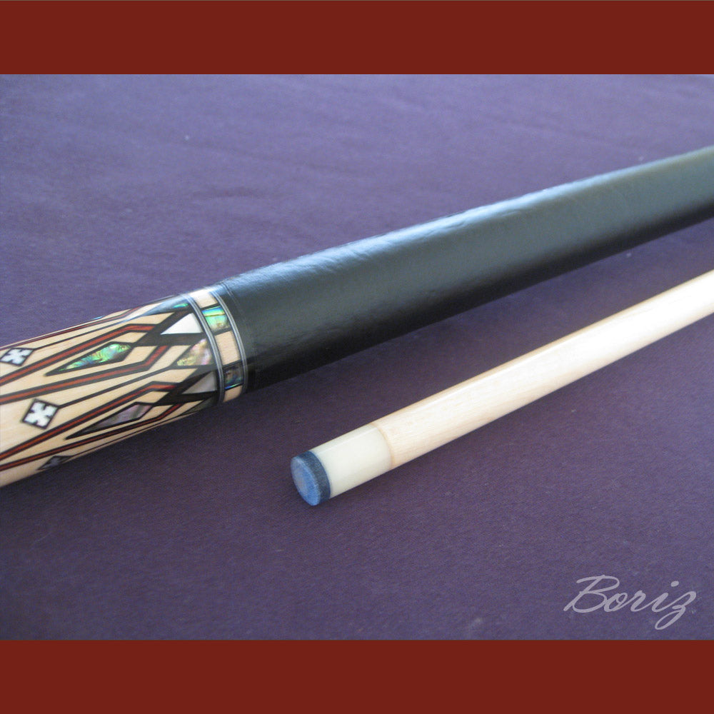Boriz Billiards Smooth Black Leather Grip Pool Cue Stick Original Inlay Artwork #BCC045