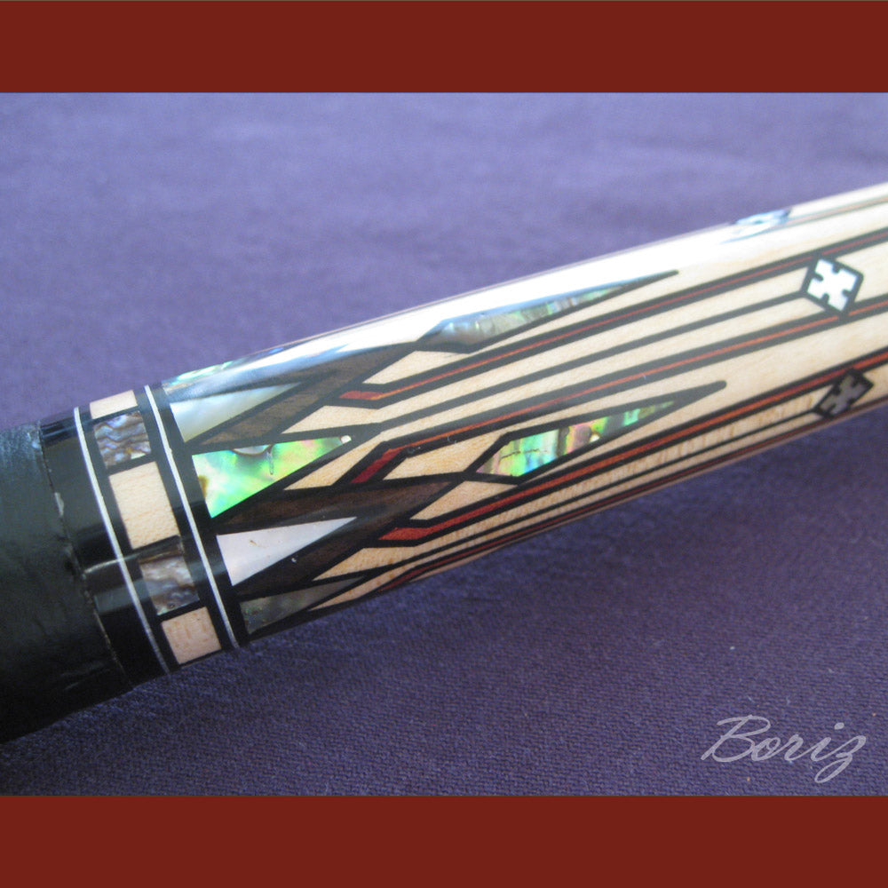 Boriz Billiards Smooth Black Leather Grip Pool Cue Stick Original Inlay Artwork #BCC045
