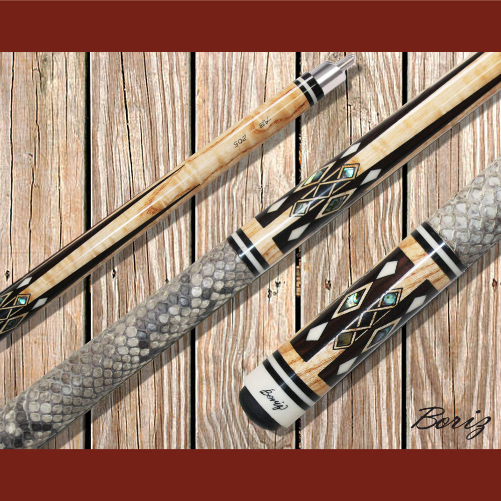 Boriz Billiards Raw Snake Skin Leather Grip Pool Cue Stick Original Inlay Artwork #BCC104