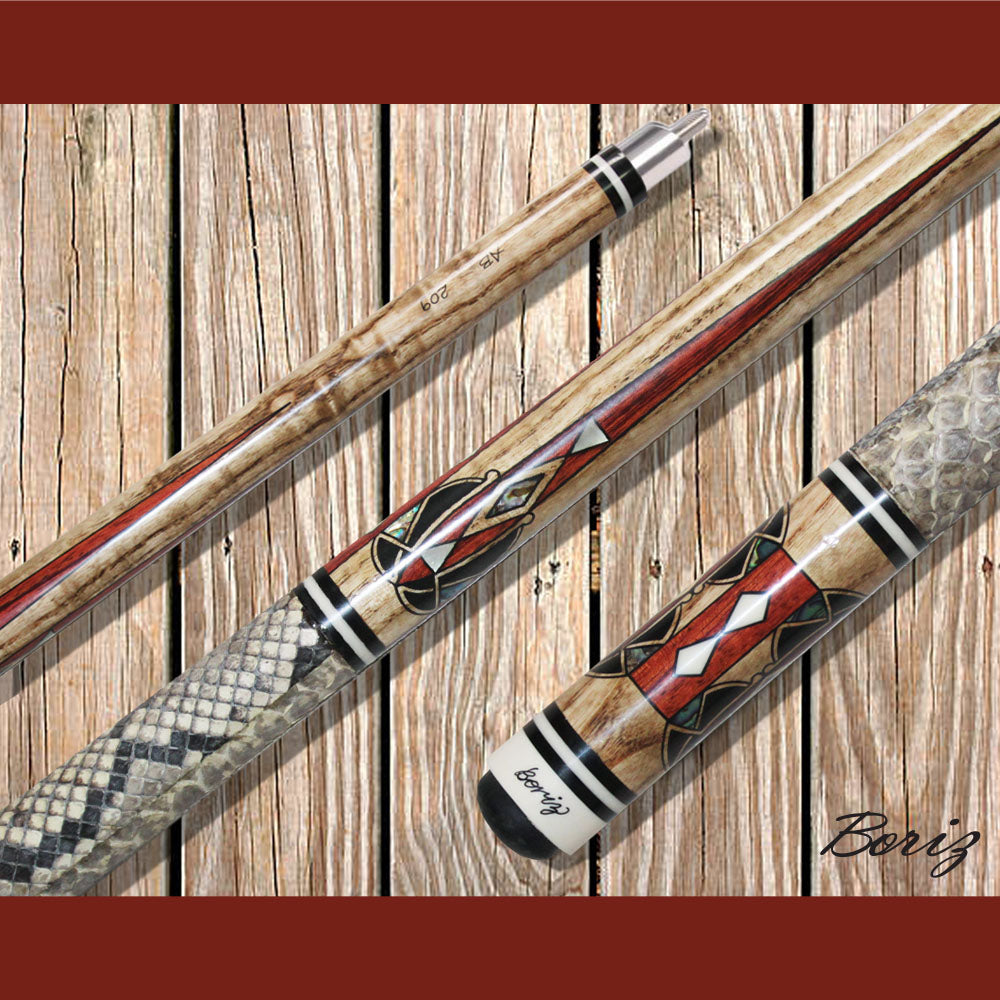 Boriz Billiards Raw Snake Skin Leather Grip Pool Cue Stick Original Inlay Artwork #BCC107