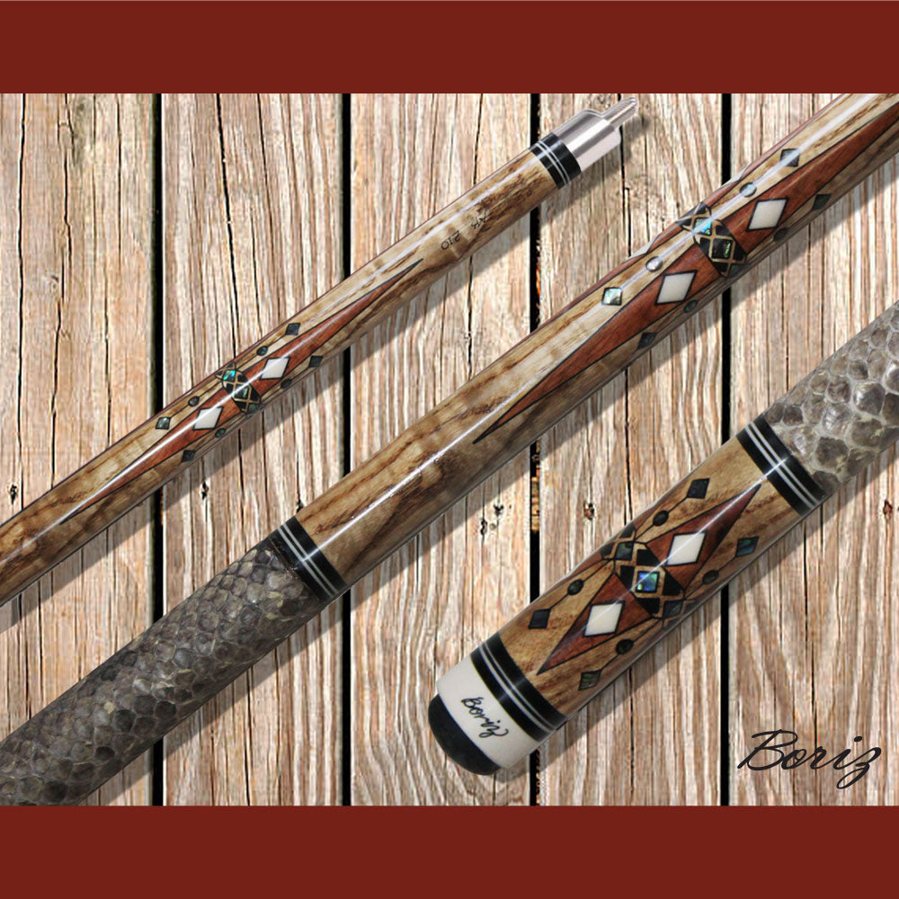 Boriz Billiards Raw Snake Skin Leather Grip Pool Cue Stick Original Inlay Artwork #BCC108
