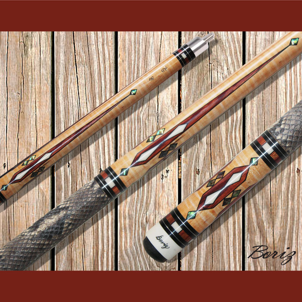 Boriz Billiards Raw Snake Skin Leather Grip Pool Cue Stick Original Inlay Artwork #BCC076