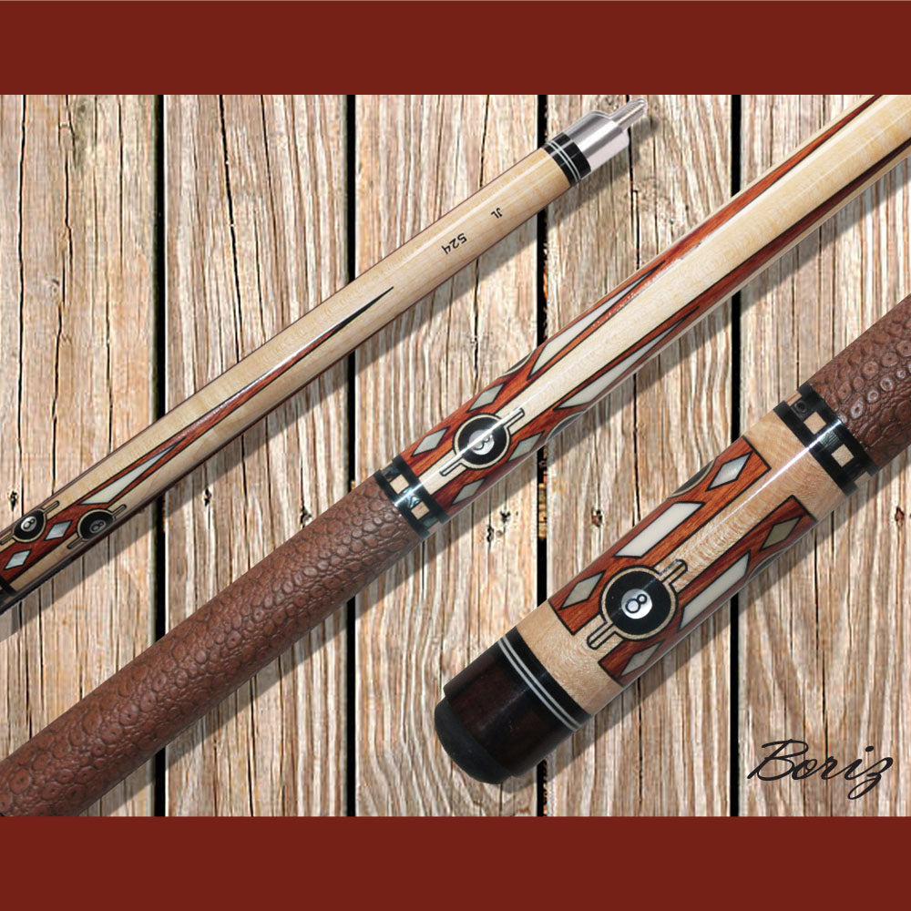 Boriz Billiards 8 Ball Brown Snake Skin Leather Grip Pool Cue Stick Original Inlay Artwork #BCC129