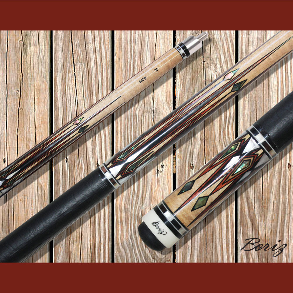 Boriz Billiards Smooth Black Leather Grip Pool Cue Stick Original Inlay Artwork #BCC130